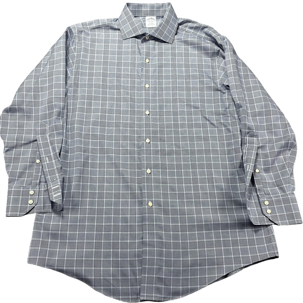 Brooks Brothers Dress Shirt Mens 16 32 Gray Plaid Non Iron Supima Cotton